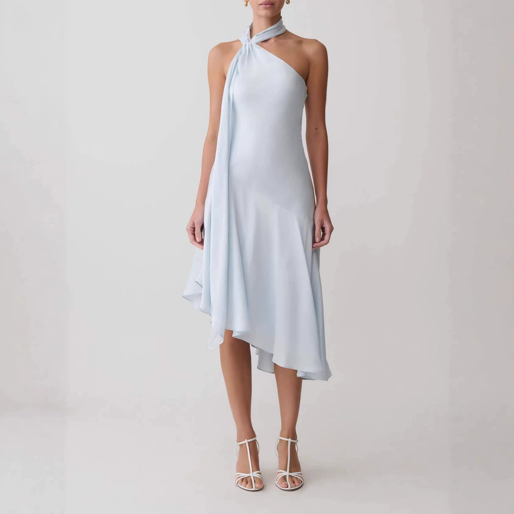 Forever 21 Light Blue Solid Halter Neck Elegant Midi Summer Dress